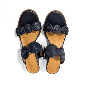 Jack Rogers Lauren Mid Heel Navajo Slide Sandals Navy Blue Leather Womens 7.5M
